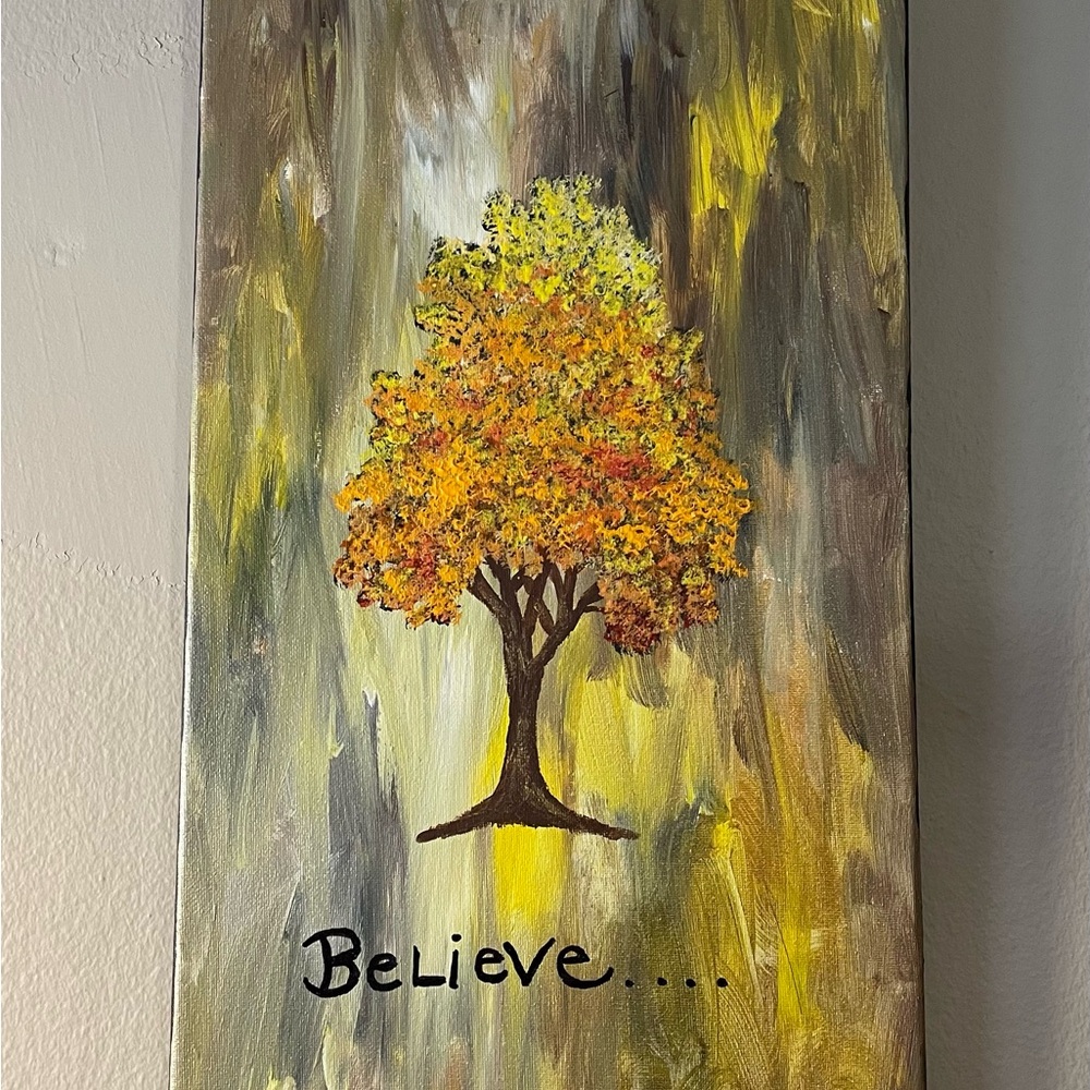 Abstract Tree Painting with Yellow and Brown Tones